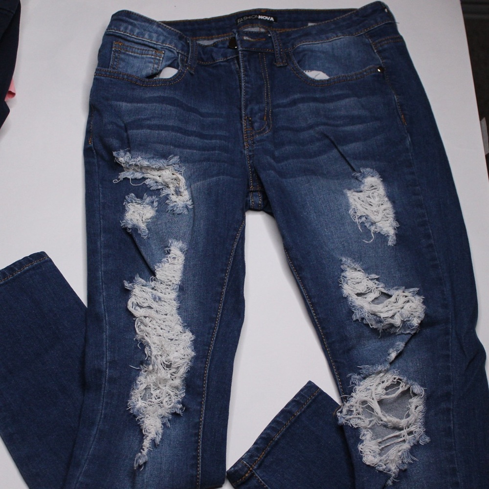 Fashion Nova Ripped Dark Blue Skinny Jeans